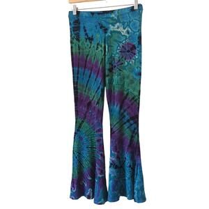 Tucan Tango Womens Leggings Tie Dye Blue Purple Bell Bottom Flare High Rise M OS
